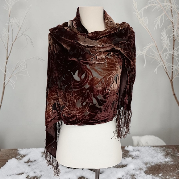 Vtg Silk Velvet Burnout Piano Shawl Scarf Brown Ombre Bohemian Witchy Victorian - Picture 15 of 16